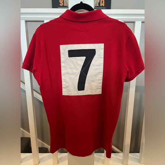 POLO By Ralph Lauren Red Rugby Shirt #7 with White Chevrons - Picture 2 of 5
